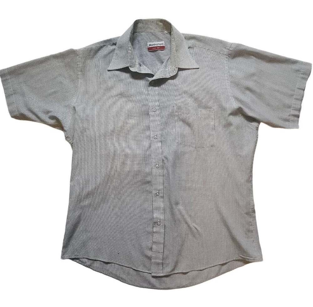 Manhattan Since 1857 Short Sleeve Button Up Shirt Blue Black Micro Check Men's